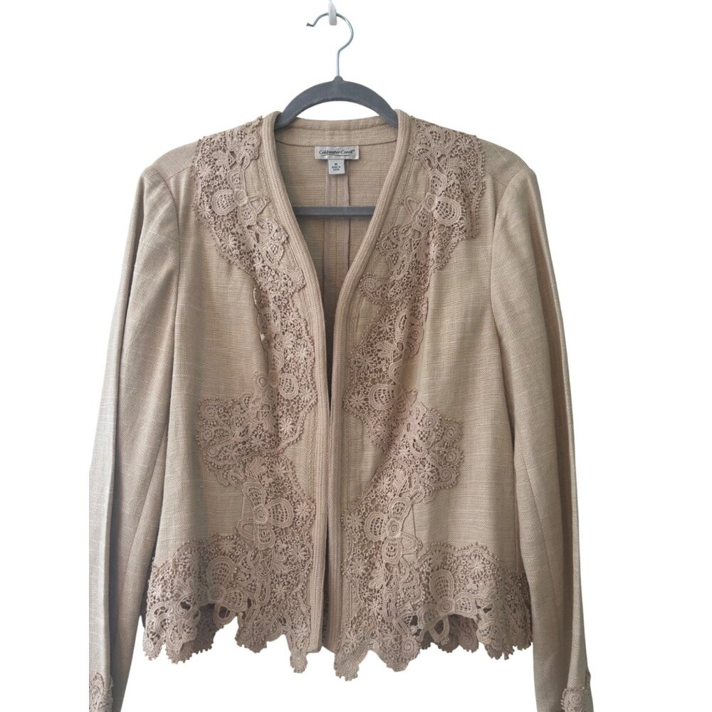 Coldwater Creek Beige Boho Lace Crcohet  Linen Jacket Size M